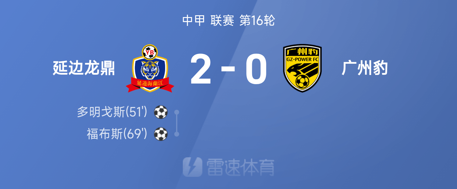 中甲战报：多明戈斯1射1传，延边龙鼎2-0战胜广州豹